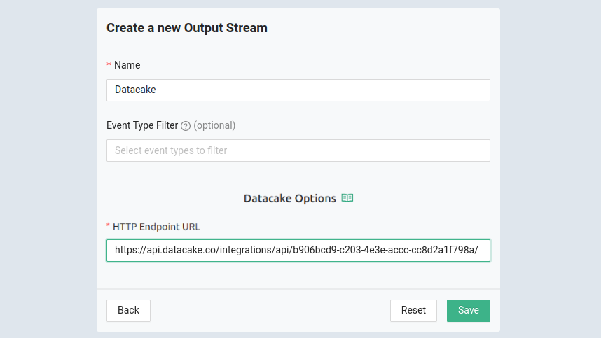 Golioth output stream configuration for Datacake