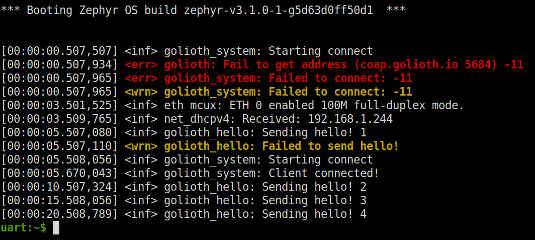 Golioth Hello serial terminal output