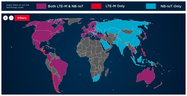 Screenshot of an interactive world map of NB-Iot and LTE-M coverage from gmsa.com