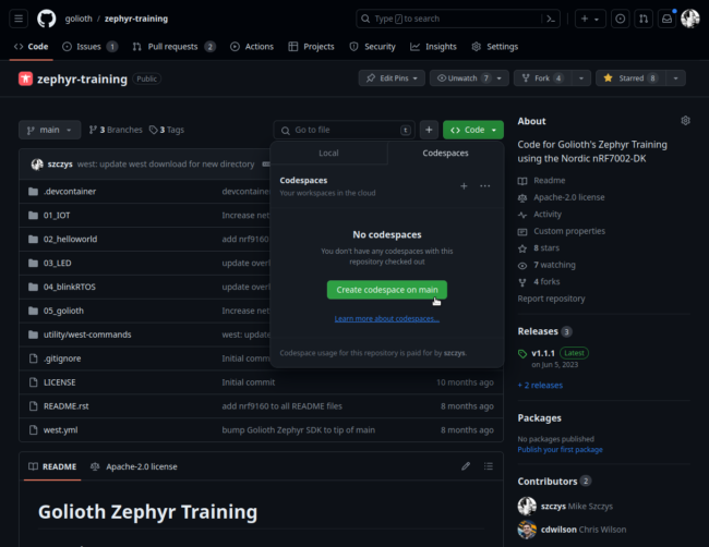 Launch Codespaces from the Goilioth Zephyr-Training GitHub repository