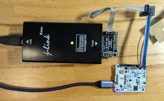 J-link programmer connected to RAK5010 using a DIY IDC cable adapter