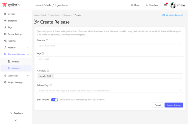 Golioth web console showing the Create Release dialog