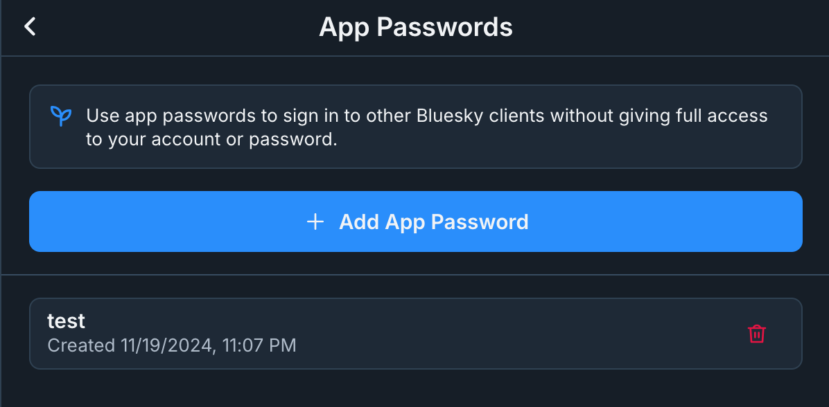 Screenshot of App Passwords page on Bluesky.