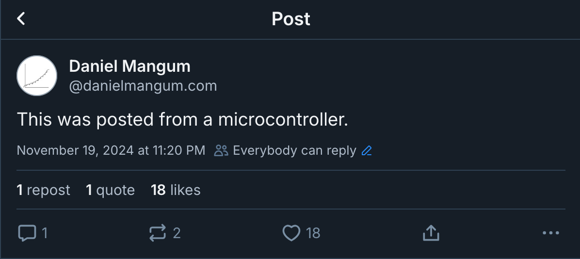 Screenshot of a post on Bluesky from a microcontroller.