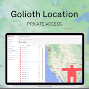 Golioth Location Private Access text above laptop screen showing Golioth console on new location tab.