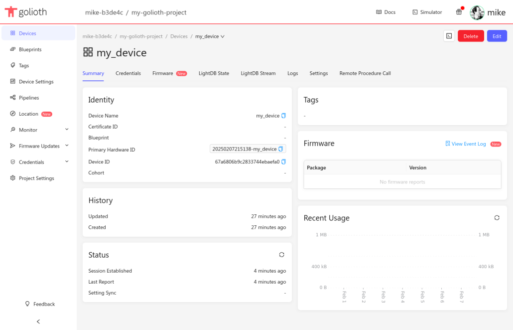 Golioth device summary page showing a session established 4 minutes ago.