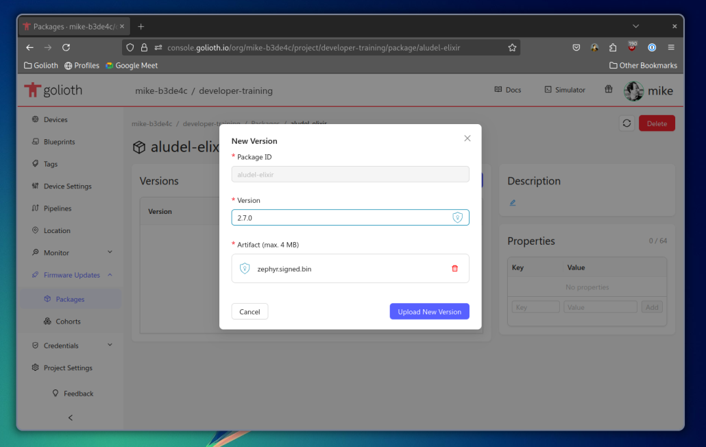 Adding a new package version on the Golioth web console
