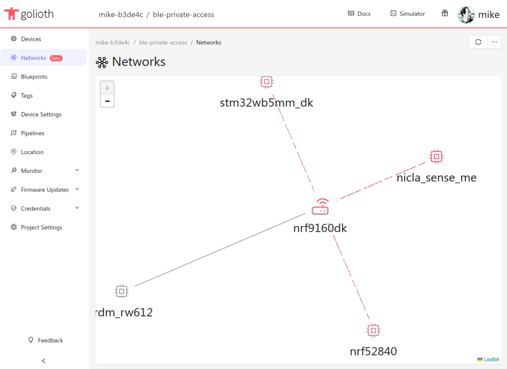 Golioth web console showing Bluetooth network topology with four nodes connecting to a gateway
