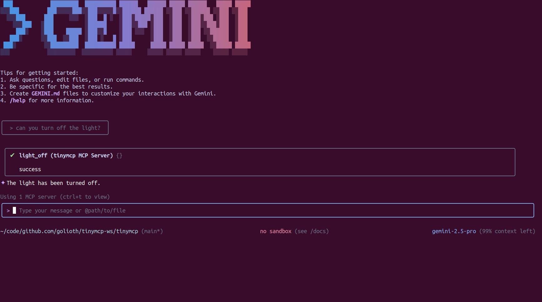 Asking Gemini to turn of the LED via the tinymcp server.