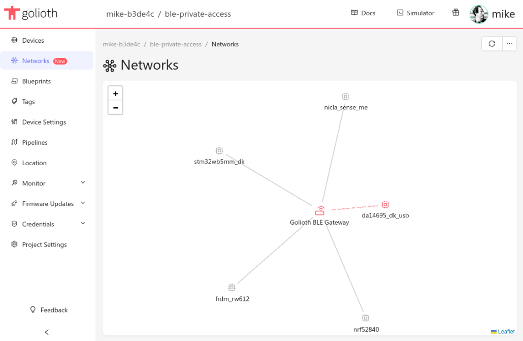 Golioth Network Topology Map shows da14695_dk_usb connecting to the gateway