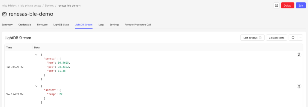 Sensor data received from da14695 over bluetooth gateway