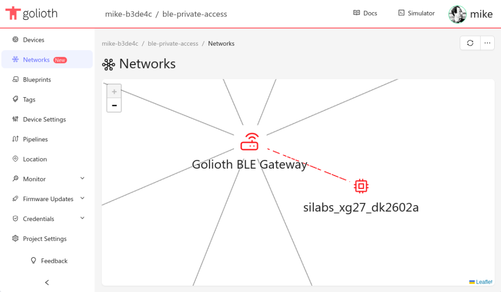 Golioth web console showing the SiLabs xg27_dk2602a connecting to the Gateway.
