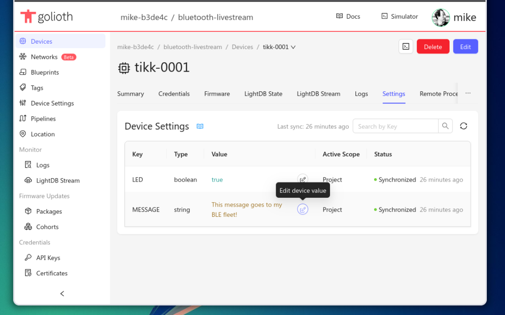 Golioth web console showing the setting override for a single device