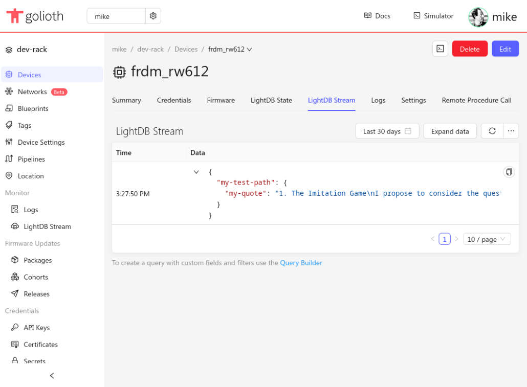 Web console showing a JSON data structure that contains "my-test-path" and "my-quote" followed by a long quote from Alan Turing's writings